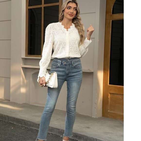 NWT LUXVEER Lace Top Dressy Casual Blouse Puff Long Sleeve V Neck Small Ivory - Picture 2 of 7